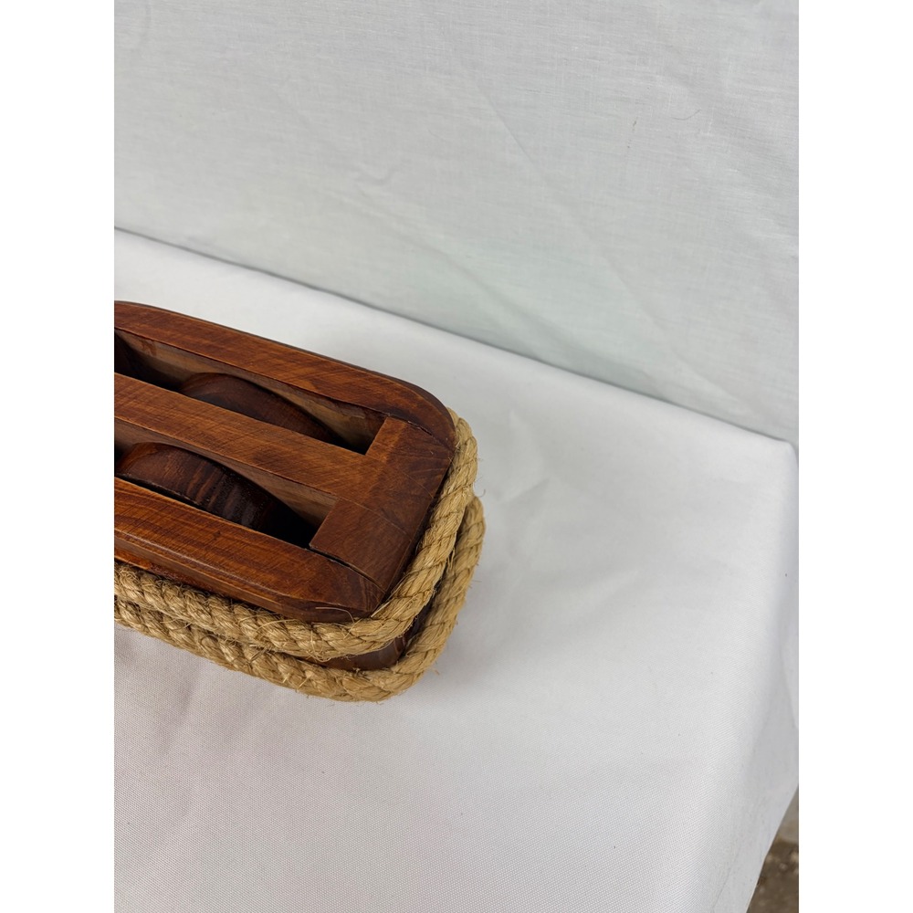 Vintage Wooden Double Pulley Block Nautical Decor Jute Rope Maritime Accent - Picture 5 of 6